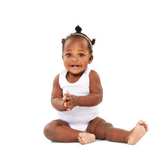 Sweet, cute and baby clapping hands for child development, growth or fun celebration. Happy, toddler and African girl infant sitting and playing on floor isolated by a transparent png background.