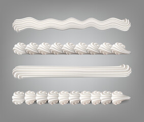 3d realistic vector icon set. Baker cream. Whiped cream border pattern from piping bag.