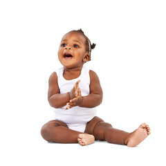 Cute, laughing and baby girl clapping hands for child development, growth or celebration. Smile, toddler and cute African infant sitting and playing on floor isolated by a transparent png background.