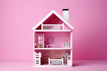 Miniature Model Of A Toy Doll House Isolated On A Flat Pink Background With Copy Space. Minimal Dollhouse Banner Template, Creative House Building Idea. Generative AI Illustration.