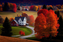 Landscape With House,fall In Vermont ,house In Autumn