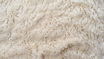 Background picture of a soft fur white carpet. wool sheep fleece closeup texture background. Fake color beige fur fabric. top view.