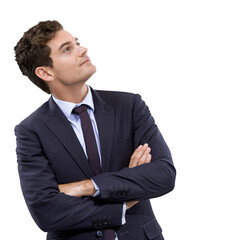 Arms crossed, corporate businessman and thinking for work isolated on transparent, png background. Professional, employee and male person with ideas and inspiration for career vision and job success