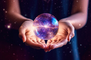 hands holding glowing sphere of light and space. Reading the future in a fortune telling ball