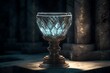 A crystal chalice in an old stone crypt. generative AI