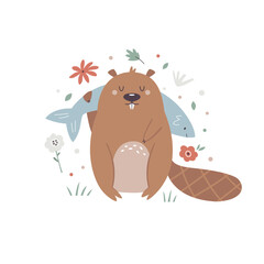 Wall Mural - Vector illustration of a cute beaver in a green lush.