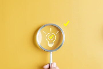 Quick tips for smart creative. light bulb and idea checking icon inside magnifier glass, working Creativity, Creative for new innovation with energy and power, growth and success development..