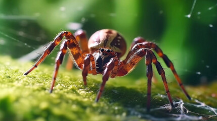 Close up macro shot of a spider sitting in a spider web. AI Generative Image
