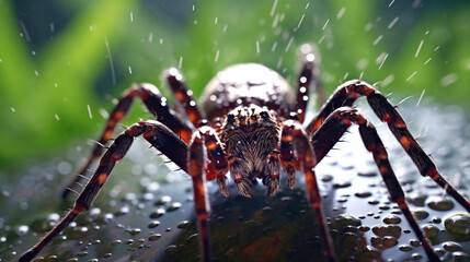 Close up macro shot of a spider sitting in a spider web. AI Generative Image
