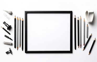 Wall Mural - image of empty frame with pencils and pencils on white surface with white surface royalty free, in the style of black paintings, generative ai