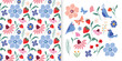 Summer floral set with seamless pattern and a collection with specific elements, flowers, strawberries , birds, butterflies, seasonal wallpaper, decorative background