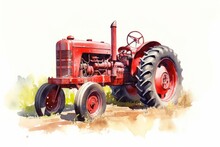 Watercolor Illustration Of An Old Red Tractor In The Field On A White Background