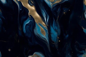 Wall Mural - Marbled blue abstract background. Liquid marble pattern. Agate ripple pattern. Gold powder.