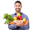 © Harsh Shrikant/peopleimages.com - Man, holding vegetables and fruits in portrait on sale, smile and sustainable food by transparent png background. Isolated businessman, grocery and vegetable discount for health, nutrition and diet