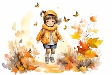 Cute Little Girl At The Garden With Flowers Butterflies In Autumn Season Painted In Watercolor On A White Isolated Background. Generative AI