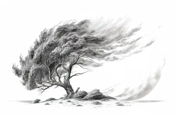 Wall Mural - drawing tree in strong wind isolated on white background. ai generated.