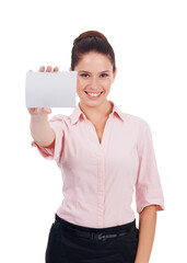 Poster - Advertising, portrait of a woman with business card and isolated against a transparent png background with mockup. Marketing or promotion, branding and female person with contact for advertisement