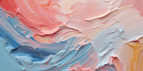 Delicate palette of light orange, red, blue pastel colors. Close-up of strokes of thick paint on canvas, trendy wallpaper, presentation or banner backdrop. Generative AI illustration.
