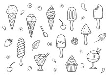 Ice Cream And Berries Set Of Doodle Icons. Vector Illustration Of Summer Desserts Popsicles, Ice Cream In Waffle Cones, Strawberry Cherry Raspberry Mint Blueberry.
