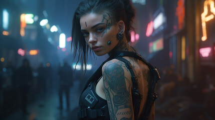 Beautiful young cyborg girl in tech wear and tattoos in a neon-lit street.  Futuristic cyberpunk woman in the city at night. Female cosplay character in a futuristic city. - AI generated 3d render.