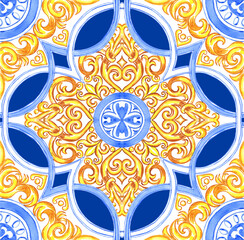 Ceramic tile design in blue and yellow colors. Sicilian seamless ornament. Baroque watercolor background. Hand drawn royal ornament. Mediterranean Italian print.