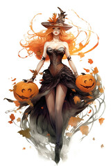 Wall Mural - A woman in a witch costume holding two pumpkins. Generative AI.