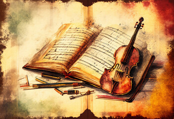 Violin and sheet music score book background with an abstract vintage distressed retro texture which is a musical instrument used for classical music, computer Generative AI stock illustration image