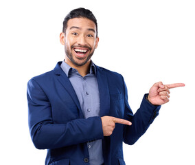 Portrait, excited man and pointing for business isolated on a transparent png background. Asian person, hand gesture and point to marketing, advertising or commercial branding, promotion and happy