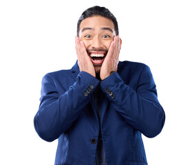 Wall Mural - Surprise, excited and portrait of a business man with wow, happiness and good news. Winner, promotion and happy professional male person with hands on face isolated on a transparent, png background