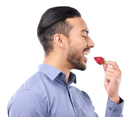 Poster - Healthy, diet and a man eating a strawberry isolated on a transparent png background for natural nutrition. Food, fruit and vegan with a person biting a red berry for dessert, wellness and vitamin c.