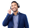 © Harsh Shrikant/peopleimages.com - Call center, talking and business man, agent or consultant in virtual communication, customer support or contact. Solution, idea or advice of happy asian person isolated on transparent png background