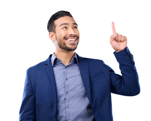 Smile, business man and pointing up at space isolated on a transparent png background. Asian person, hand gesture and point to marketing, advertising and excited for commercial, branding or promotion