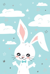 Wall Mural - Cute bunny with clouds and stars. Vector illustration