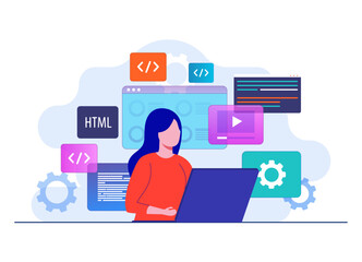 Woman working as programmer, Writing code using laptop, Website developer, Coding software elements on background flat illustration vector template