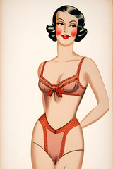 Sticker - A painting of a Vintage 1930s woman in underwear. A page out of a catalogue.  (AI-generated fictional illustration)