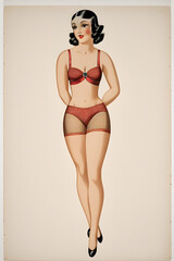 Canvas Print - A painting of a Vintage 1930s woman in underwear. A page out of a catalogue.  (AI-generated fictional illustration)