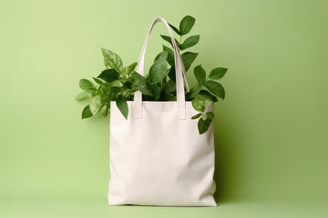 Mockup for design of simple white canvas shopper bag with green plant leaves isolated on flat green background with copy space. Eco-friendly plastic free bag template. Generative AI 3d render.