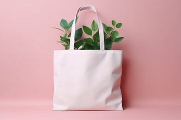 Mockup for design of white textile canvas shopper bag with green plant leaves isolated on flat pink background with copy space. Eco-friendly plastic free bag template. Generative AI 3d render.