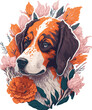 A hunting dog surrounded by flowers