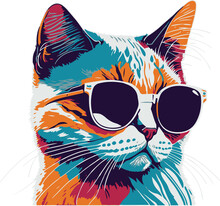  Colored Version, Portrait Of Cat With Sunglasses, Shades. Vector Art Illustration. T-shirt Design. T Shirt Design,