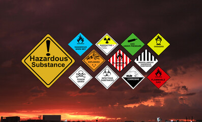 Wall Mural - hazardous substance or dangerous warning sign and red sky background conveys the damage of the envir