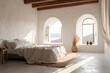 Leinwandbild Motiv Minimalistic Mediterranean bedroom, generative ai