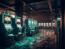 Luxury Casino Interior With Lots Of Slot Machines View Of The Interior Of A Casino, Lots Of Slot Machines Generative AI