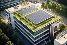 Modern Green Roof Adorned With Vibrant Plants, Complemented By Strategically Positioned Solar Panels For Energy Efficiency, Creating A Beautiful Contrast.