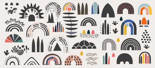 Set of vector abstract elements in black neutral colors. Geometric design of background. Abstract rainbow, sun, clouds, rain isolated on white background.