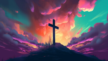 Wall Mural - Jesus cross symbol on colorful clouds background. Generative AI colorful clouds background with Christian cross in the middle. Christian religion Cross on spiritual background.