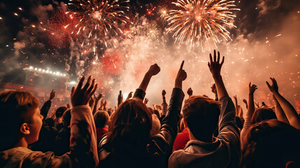 Photo of a colorful fireworks display lighting up the night sky while a group of people watch in awe