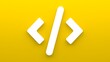 Minimalistic program code icon and quotation marks. 3d rendering of a flat icon on a yellow background.