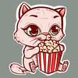© Dana - Difital art of a cute cat with big eyes eating popcorn from a big bucket. Vector of a kawaii kitty cartoon watching a movie and having snacks