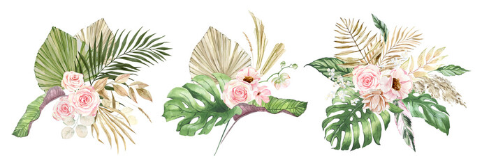 Watercolor tropical Green and beige palm leaves, summer clipart, floral bohemian bouquets with roses, monstera, green leaves and blush flower. For wedding stationary, greetings, wallpapers, fashion